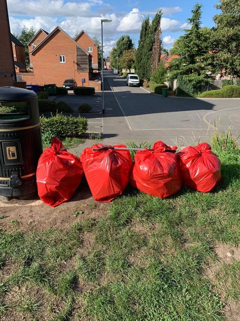 Four full red sacks in a row beside a black public litter bin, with a litter picker resting on them and a residential street behind
